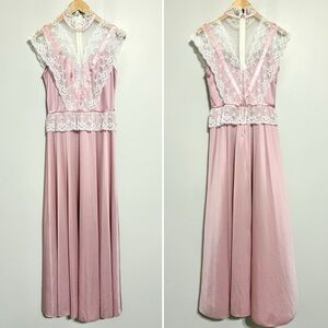Vintage 1970s Union Made Blush Pink High Neck Lace-Trim Maxi Dress Size 8